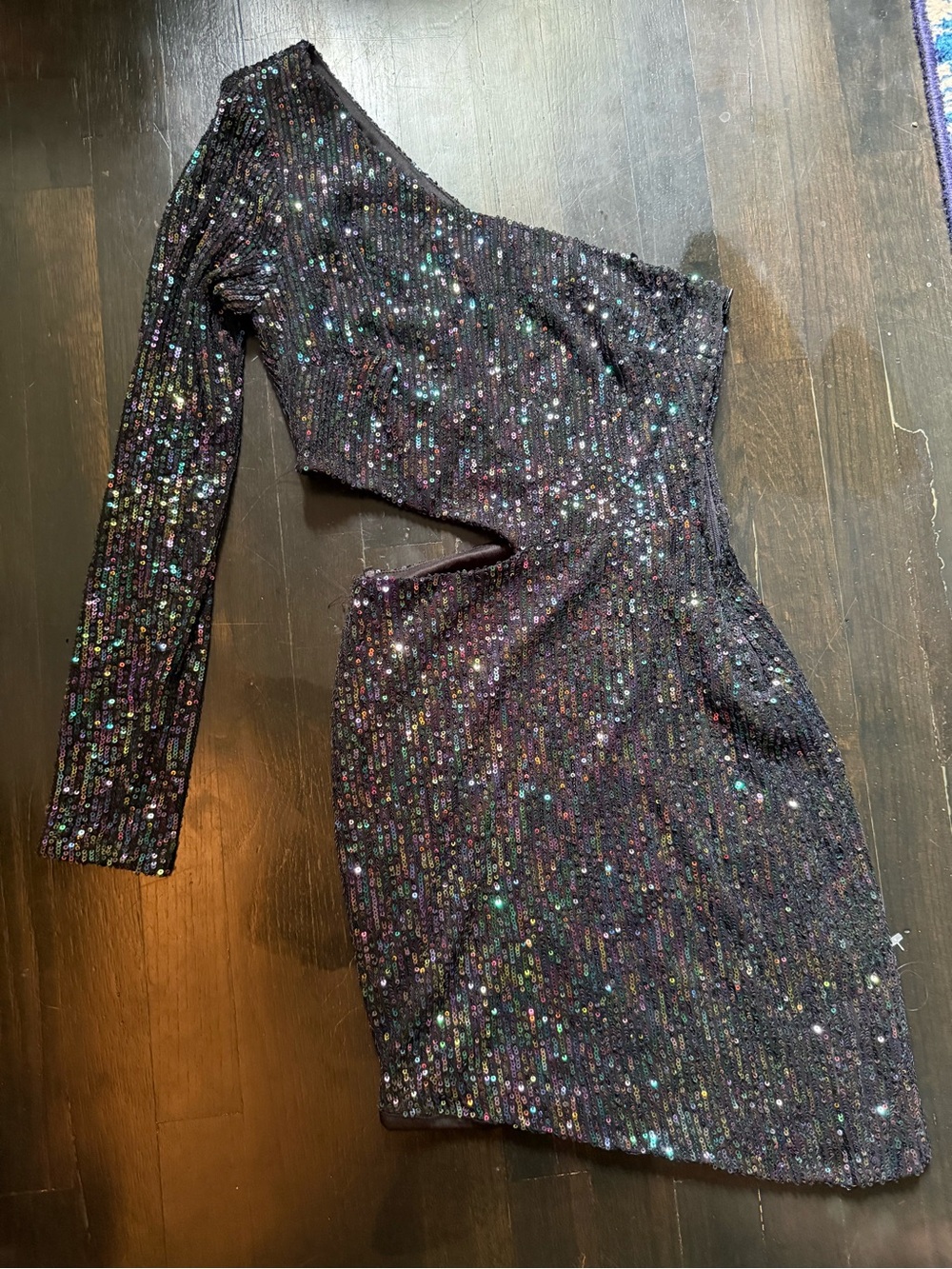 Black One-Shoulder Sequin Cutout Mini Dress